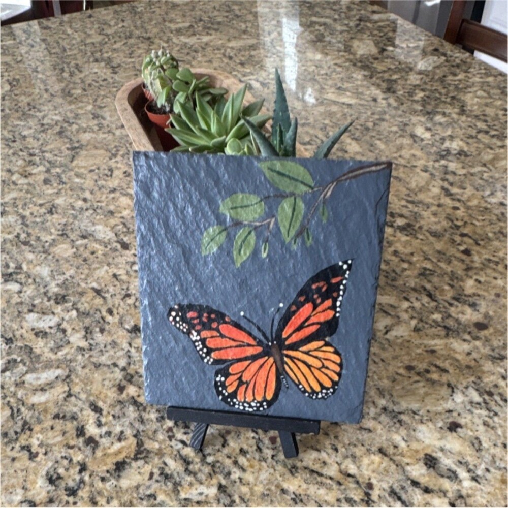 Acrylic Painting Butterfly and Leaves on Slate Original Realism Art Unframed